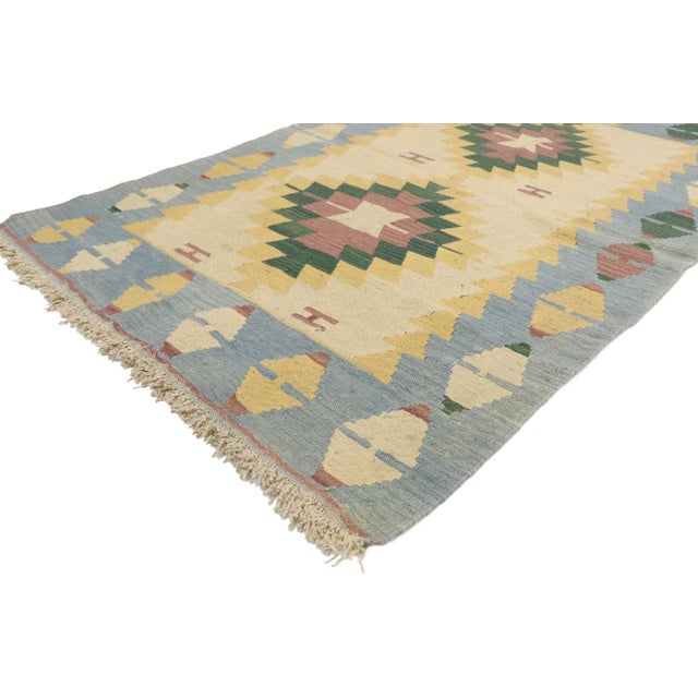 Vintage Persian Shiraz Kilim Rug with Boho Chic Tribal Style 03'10 x 05'09. Full of tiny details and a bold expressive...