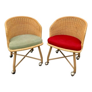 Vintage Natural Woven Wicker Barrel Chairs on Casters - Set of 2 For Sale