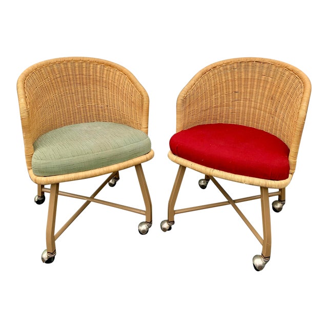 Vintage Natural Woven Wicker Barrel Chairs on Casters - Set of 2 For Sale
