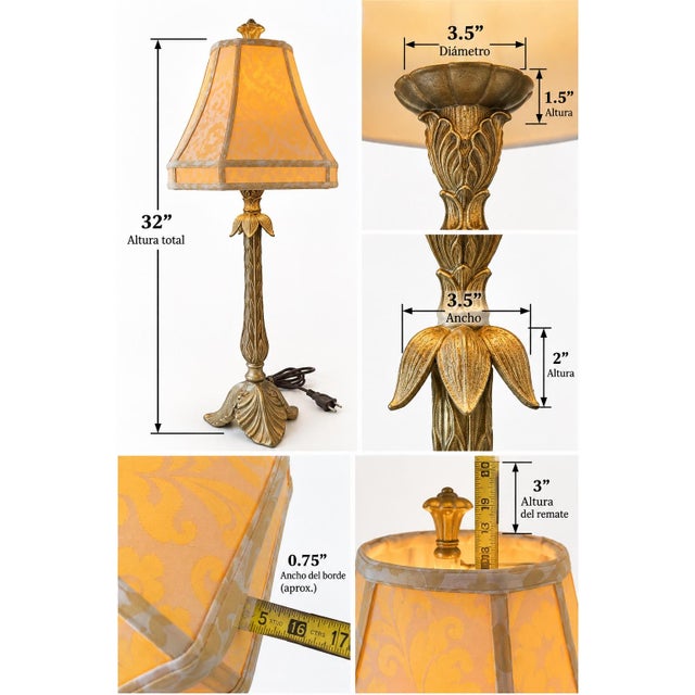 Hollywood Regency Vintage Table Lamp Gold Tone Traditional Hollywood Regency Decorative Table Lamp Vintage Lighting Floral Motif Damask Shade For Sale - Image 3 of 9