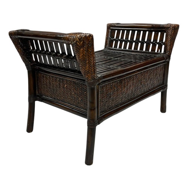 Vintage Bamboo and Woven Rattan Ottoman Footstool For Sale