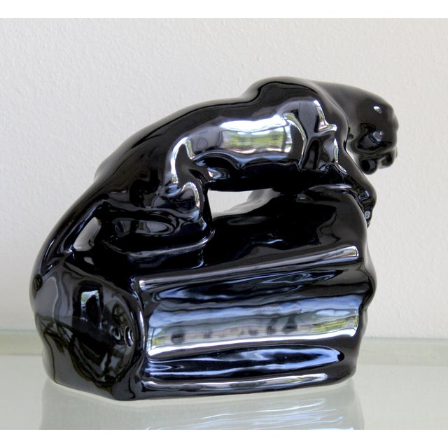 1950s Vintage Mid-Century Modern Black Glazed Ceramic Panther Tv Lamp Sculpture, Made in Usa, Circa 1950s For Sale - Image 5 of 11