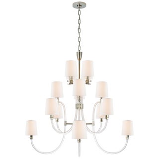 Julie Neill for Visual Comfort Signature Clarice Large Chandelier in Clear Acrylic & Polished Nickel with Linen Shades For Sale