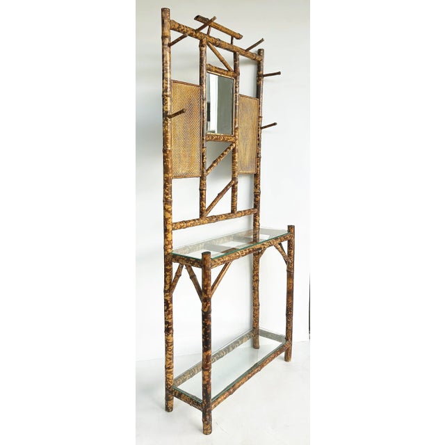 Aesthetic Movement English Tortoise Burnt Bamboo Hall Stand, 1880s Offred for sale is an antique 1880s Aesthetic Movement...