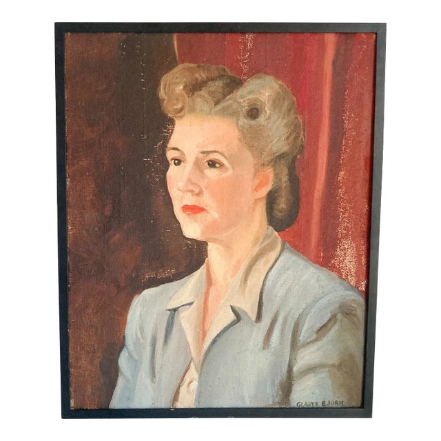 Signed Woman Portrait Painting, Original 1940's Female Portrait Painting by Gladys Bjorn, Vintage Artwork on Canvas, For Sale
