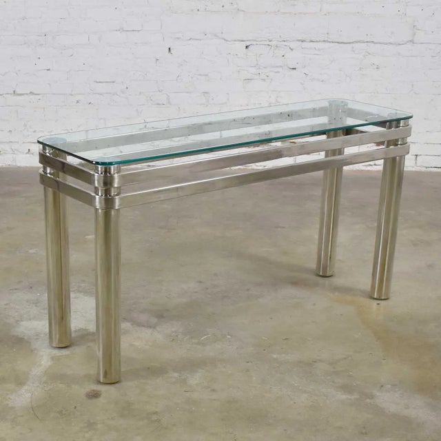 Karl Springer Modern Console Sofa Table Chrome Rectangle With Glass Top Style of Pace or Karl Springer For Sale - Image 4 of 13