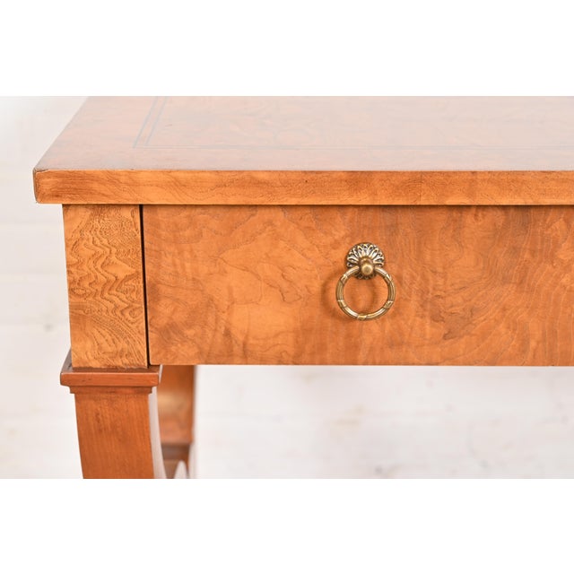 1980s Baker Furniture Regency Burl Wood Writing Desk or Library Table, Newly Refinished For Sale - Image 5 of 12