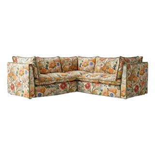 Sophie Conran Coco 3x3 Sectional Sofa - GP & J Baker Magnolia Cream Blue with Contrast Welt Knife Edge Cushion For Sale
