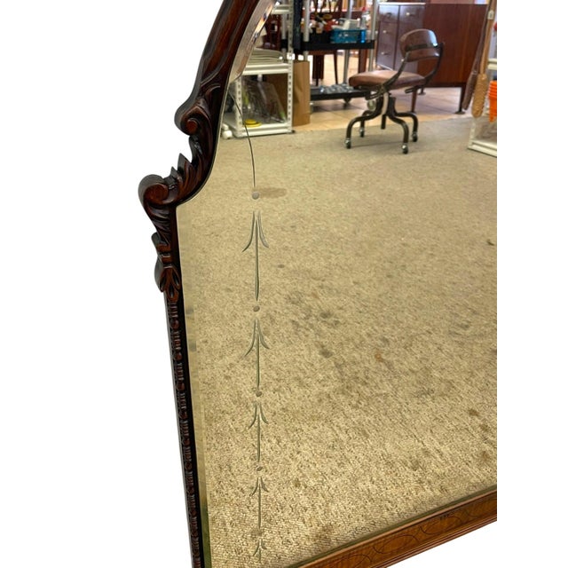 Mid-Century Modern Vintage Carved Wood Arched Wall Mirror With Etched Glass Panels For Sale - Image 3 of 10