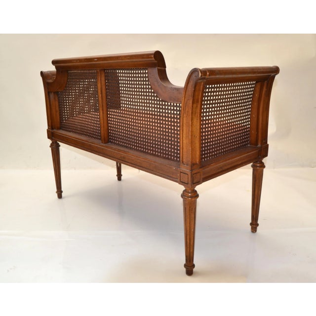 Hollywood Regency Oak Classic Bench Turned Legs & Carved Decor Handwoven Cane For Sale - Image 10 of 13