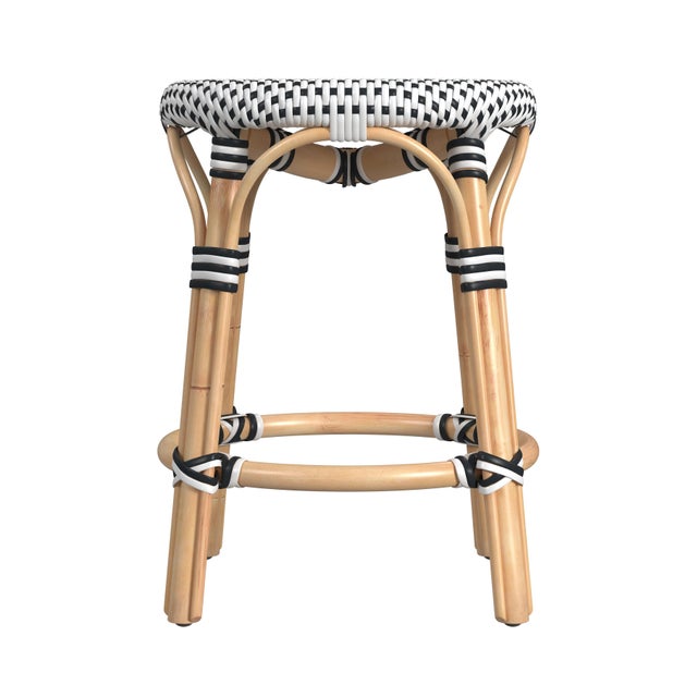 Spritely Home Accent Furniture Tobias 18 in. Seat Height Round Rattan Dining Stool, White/Black Dot/ Natural Rattan Frame For Sale - Image 4 of 7