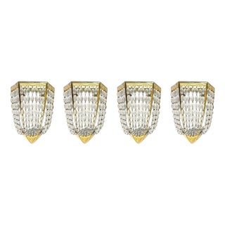 Antique French Art Deco Crystal and Gilded Bronze Wall Lamps, 1920s, Set of 4 For Sale