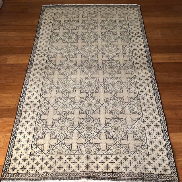 Vintage Turkish Rug: Beige & Dark Brown Geometric Wool Rug | 4'x7' For Sale - Image 4 of 7