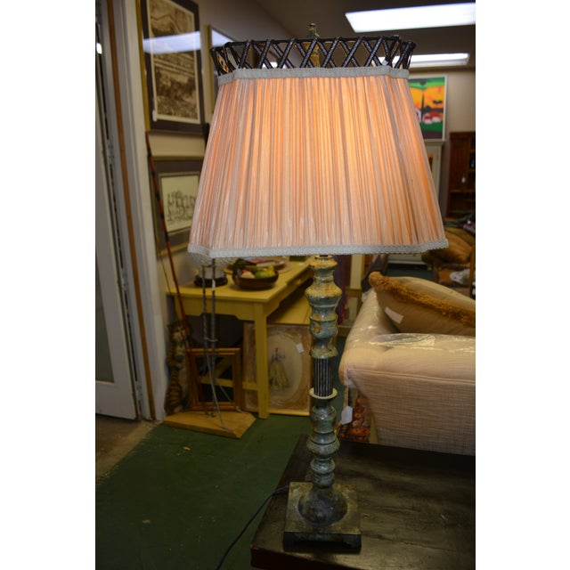 Vintage Interlude Home Pair Rustic Green Metal / Iron Tall Buffet Table Lamps W/ Pleated Shades For Sale - Image 17 of 18