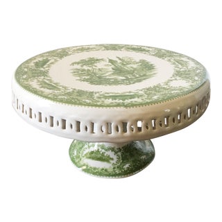 Green & White Ceramic Pedestal Cake Stand For Sale