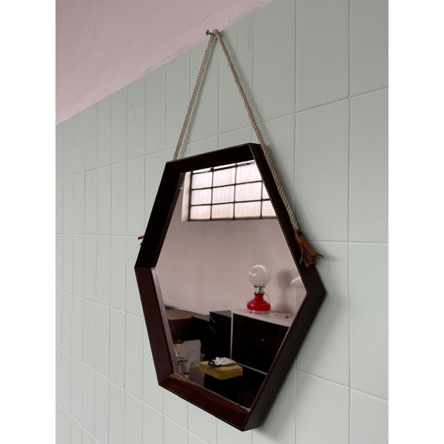 Hexagonal Italian Mirror with Teak Frame, 1950s For Sale - Image 4 of 12