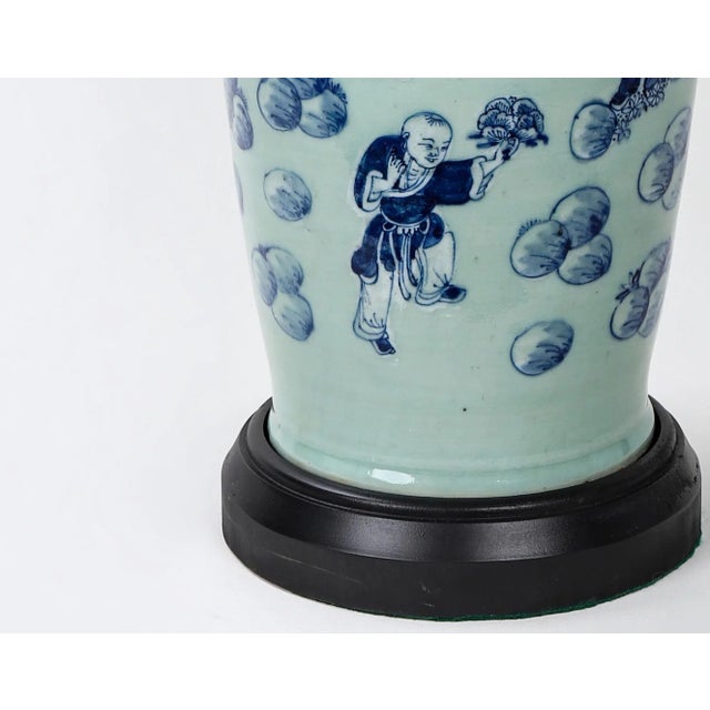 Mid 20th Century Vintage Celadon Hand-Painted Porcelain Table Lamp For Sale - Image 5 of 8
