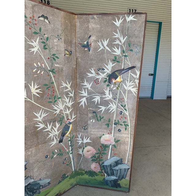 Wood Antique Hand-Painted Japanese Three-Panel Screen With Birds and Bamboo Motif For Sale - Image 7 of 12