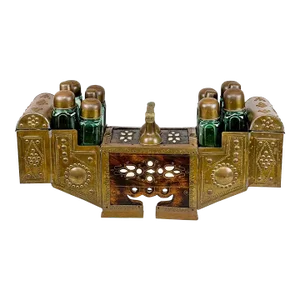 Vintage Turkish Copper Inlaid Walnut & Turquoise Glass Canister Set