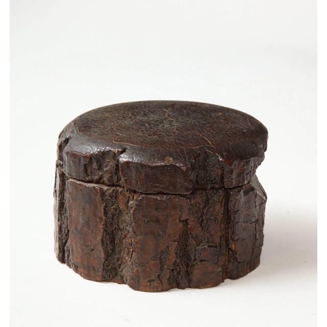 The circular box and conforming cover carved in realistic detail, with grainy texture and undulating bark-like sides,...
