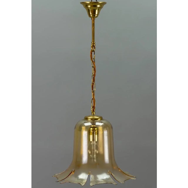 Vintage Bell-Shaped Glass and Brass Pendant Lamp For Sale - Image 16 of 17