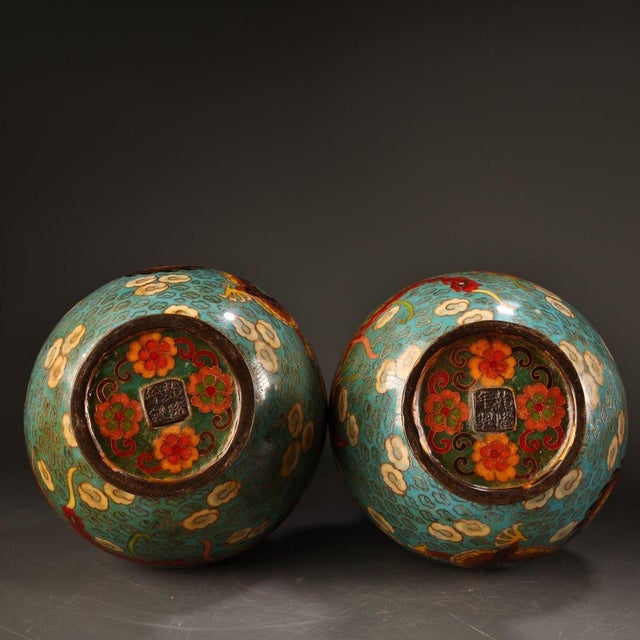 Mid 20th Century Pair of Vintage Cloisonne Enamel Vases – 11.8" Dragon & Phoenix Bottle Vases For Sale - Image 5 of 10