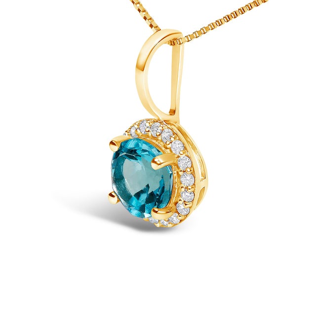 Contemporary 10K Yellow Gold Blue Topaz and 1/10 Cttw Diamond Accent Halo Pendant Necklace For Sale - Image 3 of 5
