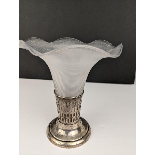 Vintage Sterling Silver Vase With Frosted Ribbed Art Glass Trumpet Insert, Art Deco Style For Sale - Image 10 of 15