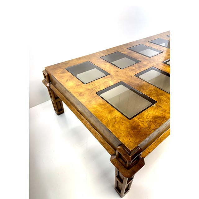 Mid-Century Modern Italian Burl Wood Coffee Table in the Manner of Milo Baughman With Inset Glass Panels, 1970s For Sale - Image 3 of 14