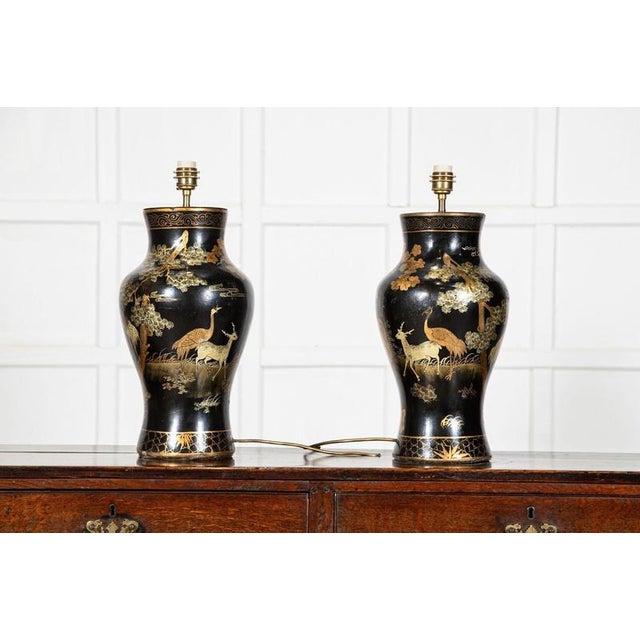 Large English Chinoiserie Papier-Mâché Table Lamps, 1950, Set of 2 For Sale - Image 3 of 16