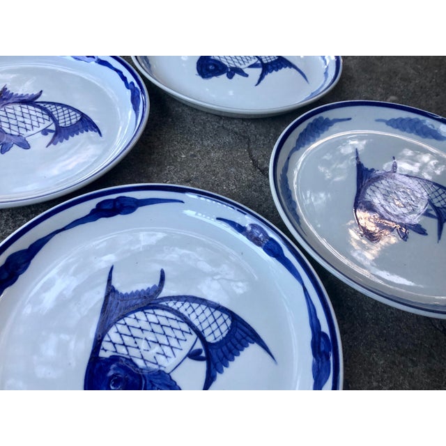 Mid 20th Century Japanese Hand Painted Koi Fish Ceramic Plates in Blue