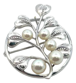 1990s Mikimoto Estate Akoya Pearl Circular Flower Brooch Pin Sterling Silver