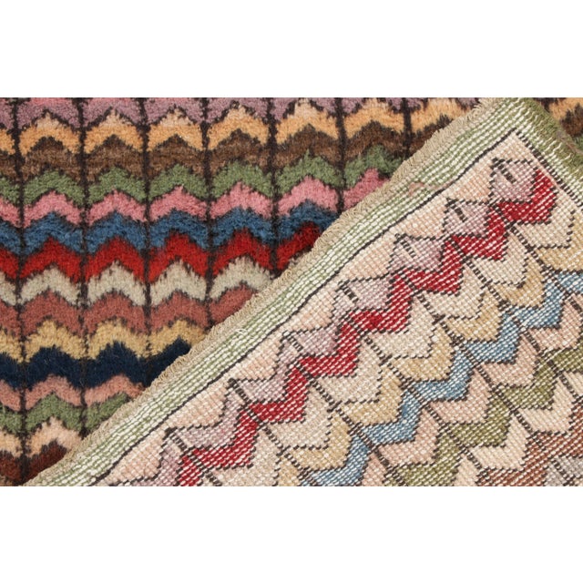 Distressed Vintage Deco Runner in Green, Pink and Beige-Brown Chevron Pattern For Sale In New York - Image 6 of 7