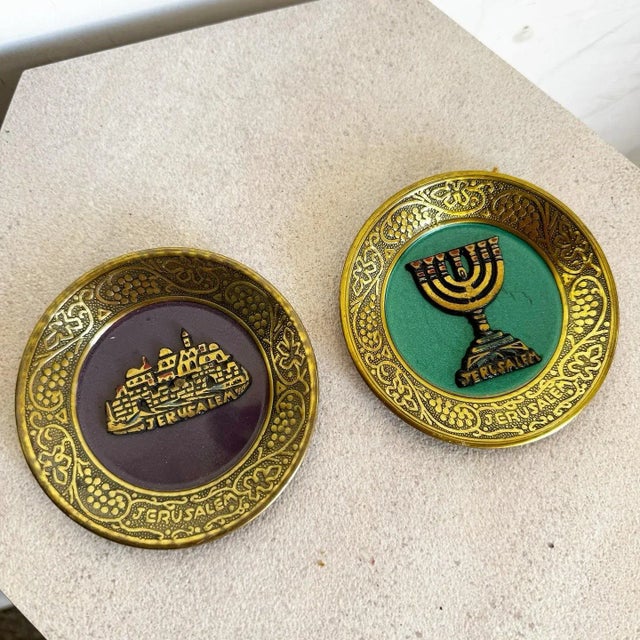 Vintage Israelis Brass Enameled Decorative Jerusalem and Menorah Plates - Set of 2 For Sale - Image 4 of 5