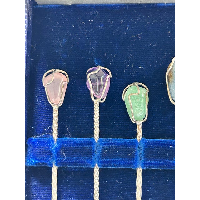 Vintage Semi-Precious Stone Cocktail Picks With Silver Coin Spoon & Presentation Box, Set of 7 For Sale In Louisville - Image 6 of 8