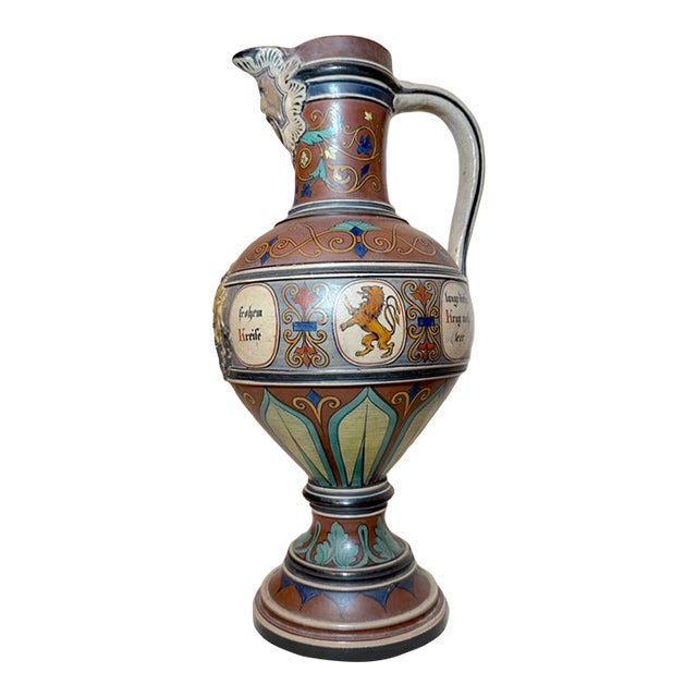 Huge Antique Handmade Armorial German Painted Pottery Beer Pitcher Stein Ewer For Sale