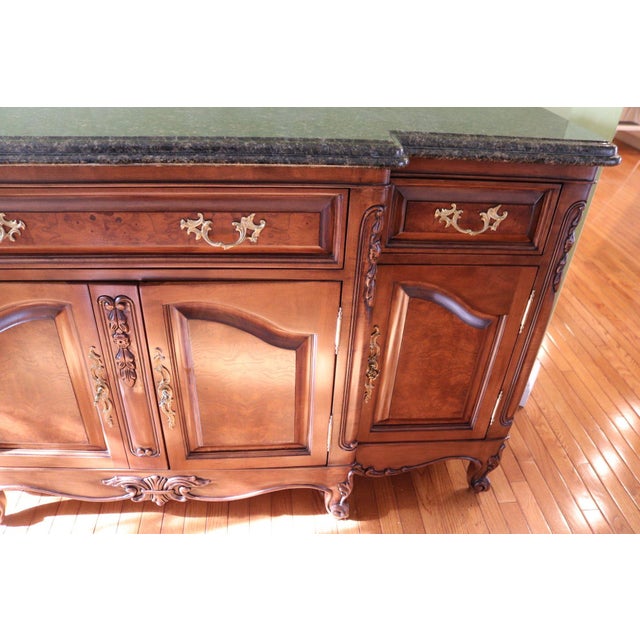 Wood 71” Bau Furniture French Louis XV Burl Wood and Green Marble Sideboard Buffet For Sale - Image 7 of 17
