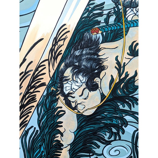 Large Blue Painting of “Wakashima Gonemon Swimming Underwater” Ukiyo-e Print, 1992 For Sale - Image 10 of 11