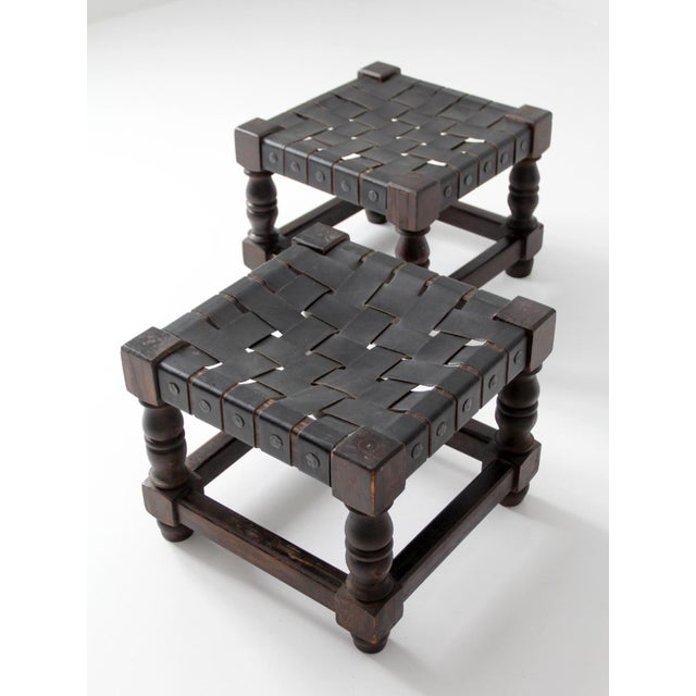 Mid 20th Century Mid-Century Spanish Revival Leather Strap Stools Pair For Sale - Image 5 of 15