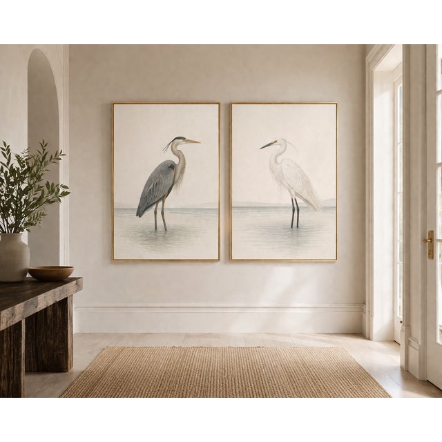 Heron & Egret Coastal Set of 2, Neutral Bird Wall Art Prints, Reproduction For Sale - Image 4 of 9
