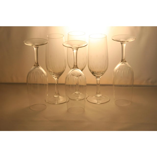Transparent Mid Century Modern Century Champagne Flutes Clear Crystal With Incised Vertical Lines Set of 6 For Sale - Image 8 of 12