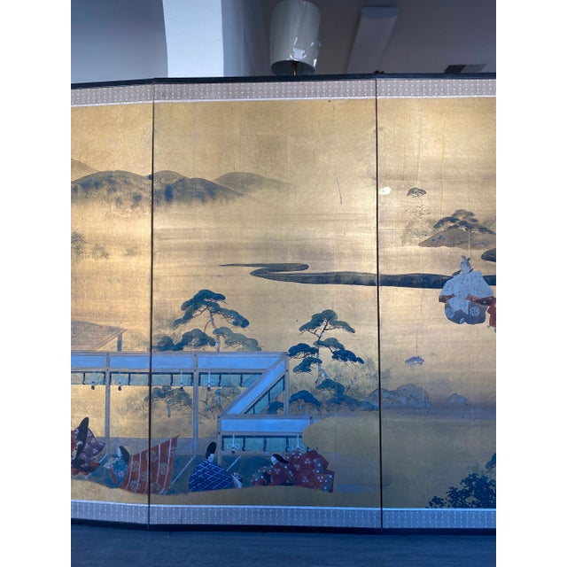 Late 19th Century Large Japanese Byobu Four Panel Folding Screen Kano School "Tale of Genji" For Sale - Image 5 of 12