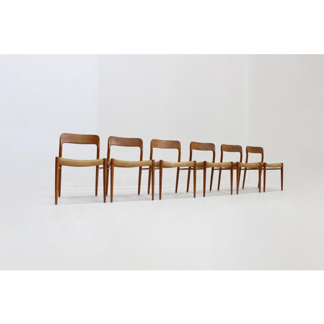 1960s Vintage Model 75 Dining Chairs in Papercord attributed to Niels Otto Møller for J.L. Møllers, 1960s, Set of 6 For Sale - Image 5 of 12