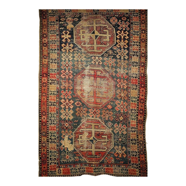 19th Century Caucasian Shirvan Area Rug, Tribal Geometric Pattern, Blue & Ivory, 3’ x 5’ For Sale