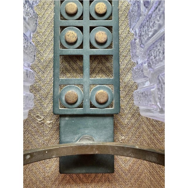 Early 20th Century Art Deco Modernist Bronze Steel Amethyst Consolidated Art Glass Sconce For Sale - Image 4 of 10