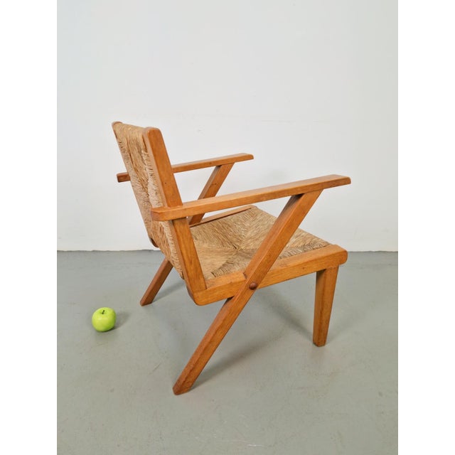 Modern Dutch Modernist Brutalist Wooden Armchair with Rush Seat, 1940s For Sale - Image 3 of 12