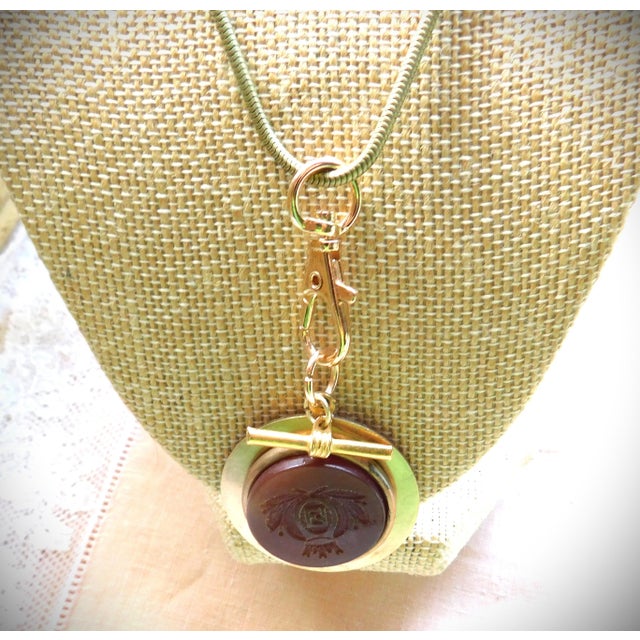 Art Deco Antique Carved Carnelian Gold Round Pendant Necklace, Initial "F", Snake Chain, Toggle For Sale - Image 3 of 12