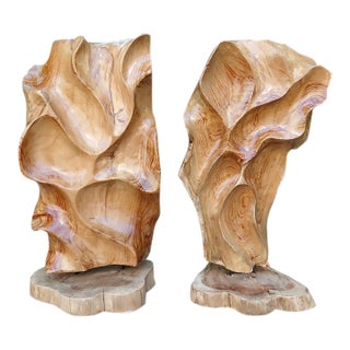 1980s Pair of Monumental Abstract Carved Teak Sculptures For Sale