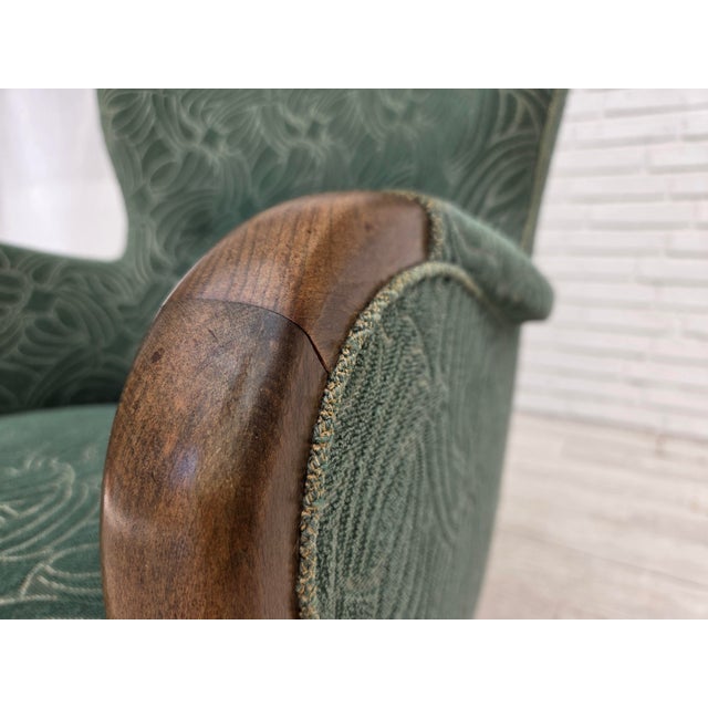 Vintage Danish Lounge Chair in Green Furniture Velour and Beech Wood, 1960s For Sale - Image 17 of 18