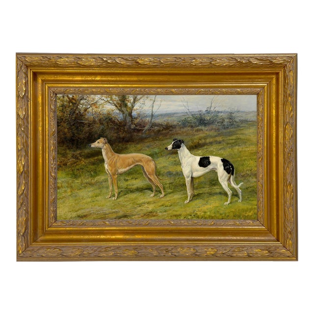 Heywood Hardy Greyhound Painting Print on Canvas, Reproduction, Antiqued Gold Gesso Frame For Sale